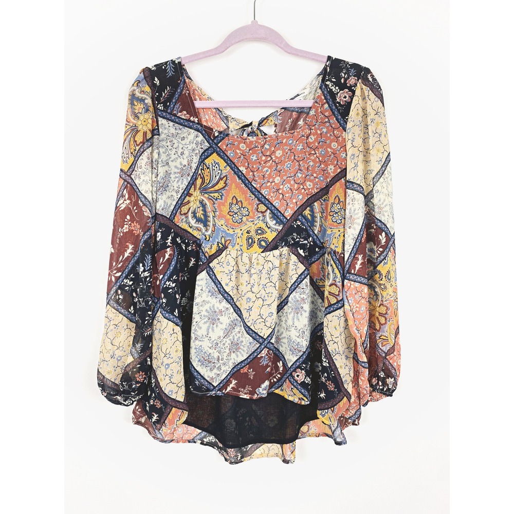 AEO Patchwork Floral Paisley Boho Peplum Blouse Tie Back Medium